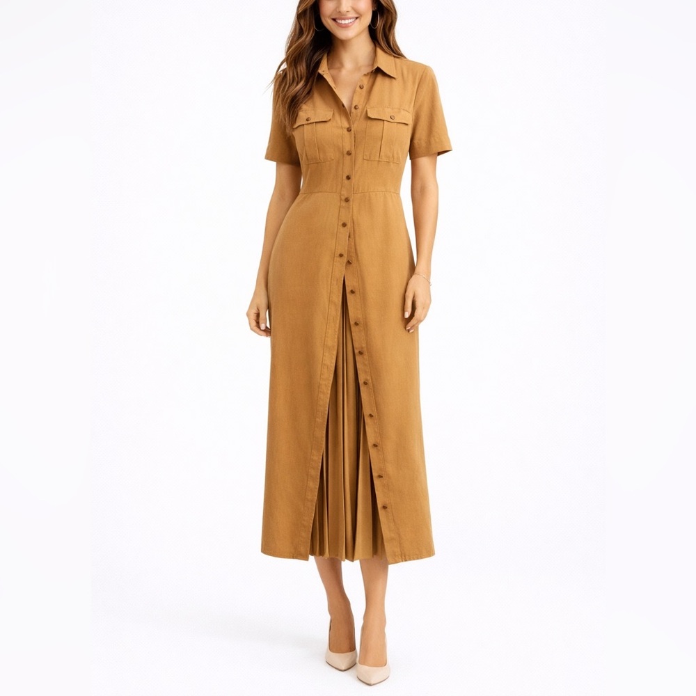 A.L.C. Caramel Shirt Dress Size 4 Pleated Midi Button Front Luxury Designer